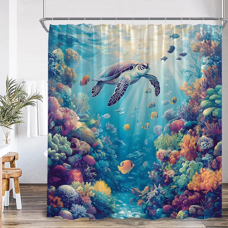 Ocean Dolphin Sea Turtle Shower Curtains Rainbow Waterfall Flowers Octopus Tropical Fish Seabed Scenery Bathroom Curtain Decor