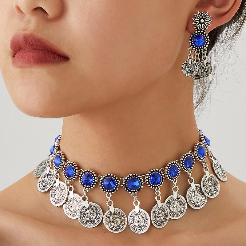 Modieuze Retro Midden-Oosterse Stijl Sprankelende Diamant Munt Vrouwen Sieraden Set - Ketting & Oorbellen