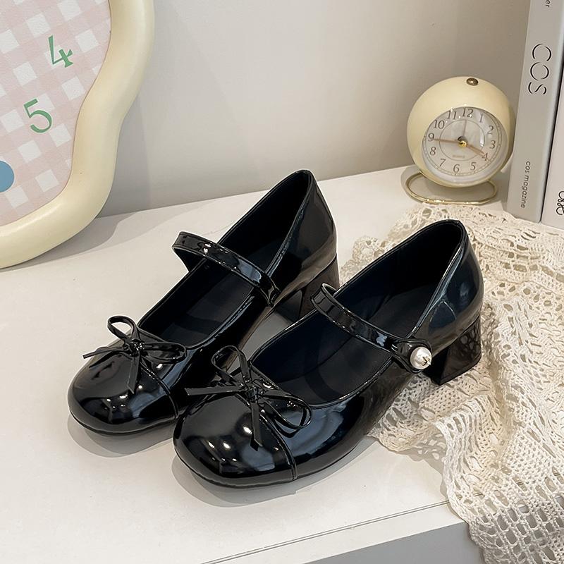 

2025 НОВЫЕ Женские туфли на высоком каблуке с ретро круглым носком, мягкая подошва, бантик, весенне-осенние туфли для платья, удобные повседневные 34 чёрный