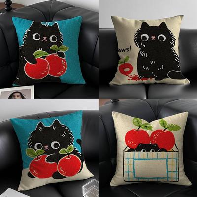 Hand Drawn Cartoon Happy Cat Pillow Case Anti-dustmite Pillowcase Invisible Zipper Silky Short Plush Sofa Cushion Cover