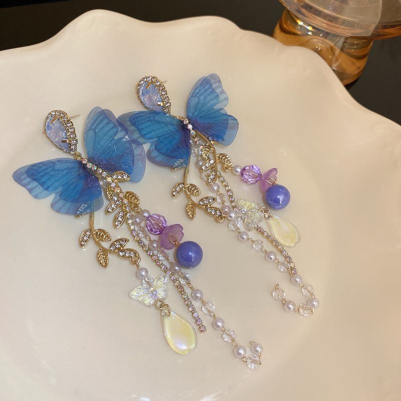 Pink Butterfly Earrings With Long Tassel Sparkly Zircon Crystal Imitation Pearl Beads Earrings Light Luxury Party Ear Jewelry K-