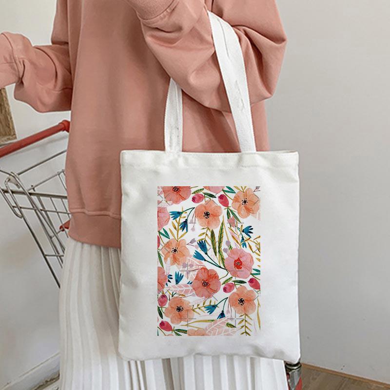 Women Kawaii Canvas Shoulder Bag Cartoon Print Ladies Shopping Bags Simple Grocery Handbags Tote Books Backpack School Bags