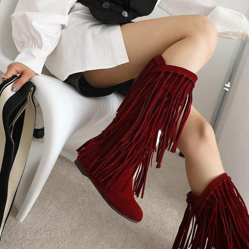 2025 Plus Size Cow Suede Material Tassel Women's Mid-Calf Boots Flat Wedge Heel Short Plush Lining Winter Show Flock Tassel Boot