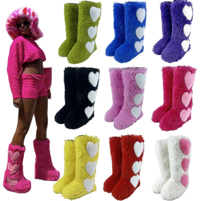 Winter snow shoes flat-bottomed long fluffy boots for women, piled and thickened waterproof and warm love snow boots for women