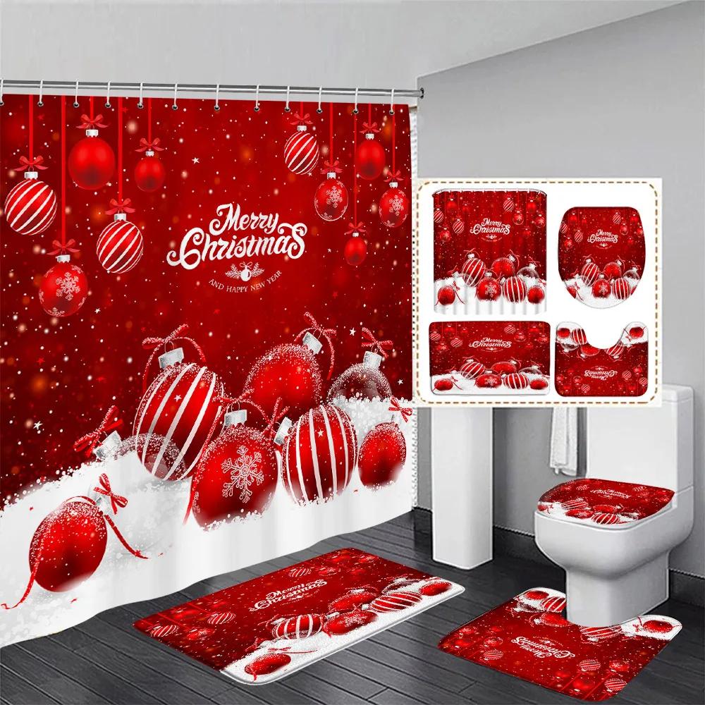 Funny Snowman Shower Curtain Set Xmas Ball Silver Pine Branches Gift Christmas Home Bathroom Decor Rug Bath Mat Toilet Lid Cover