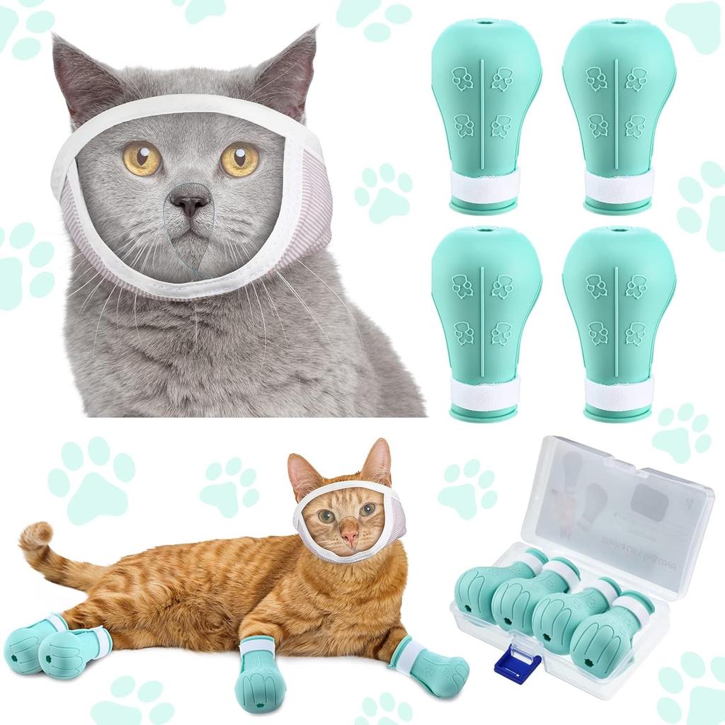 Hillban Cat Muzzle for Grooming with 4 Silicone Boots Breathable Transparent Face Guard Silicone Cat Claw Covers Anti Scratch Booties to Prevent