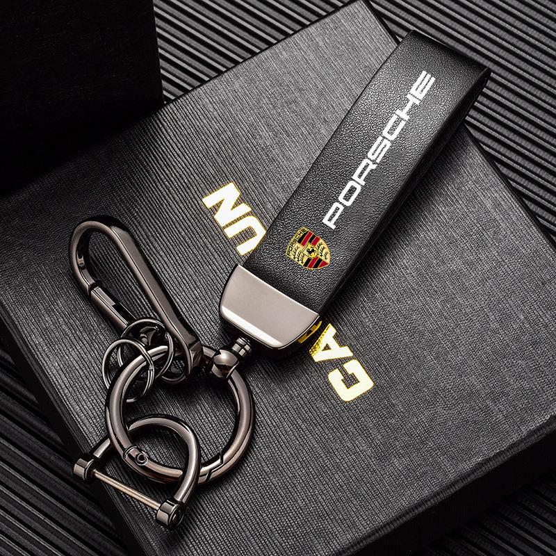 

High quality For Porsche Cayenne Panamera Macan 911 Taycan Boxster Cayman 918 Pajun Leather Car Keychain Metal Buckle Key Rings