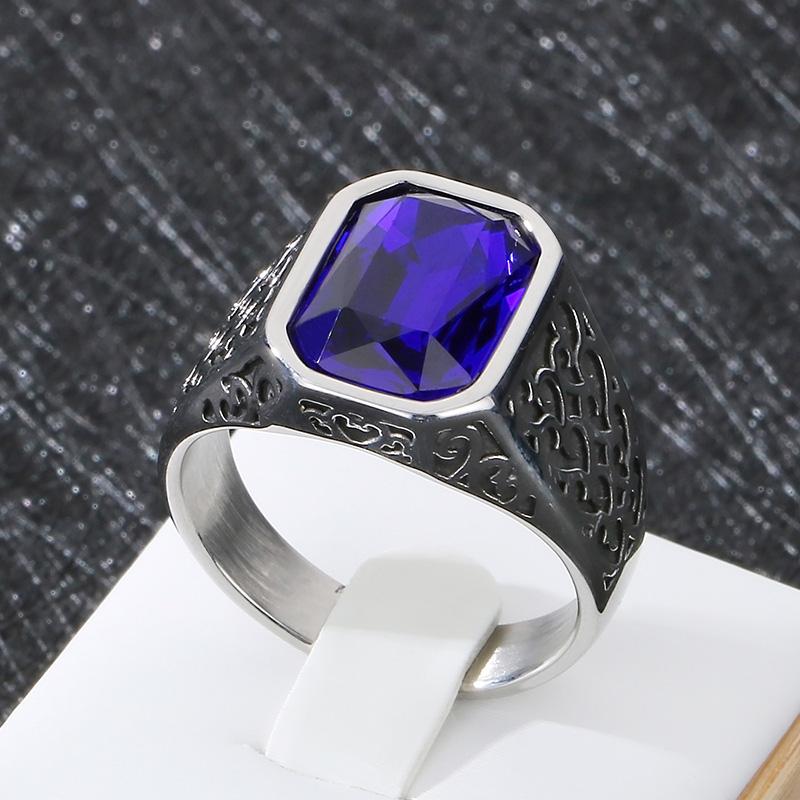 Domineering Vintage Ruby Chunky Ring for Men Stainless Steel Personalized Square Gemstone Ring Gift Trend Jewelry