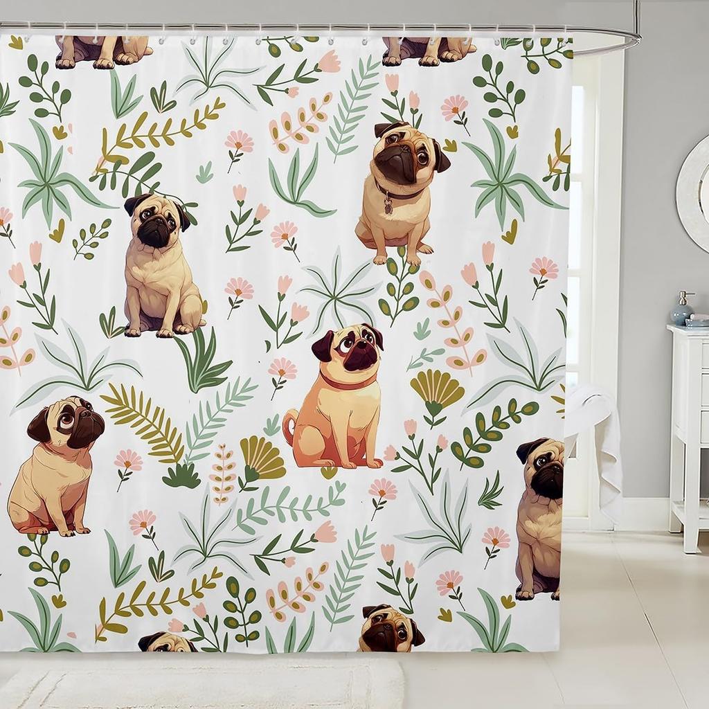 Cartoon Husky Shower Curtains,Cute Dog Animal Kawaii Family Puppy Pet Bath Curtain,Boho Floral Leaves White Waterproof Fabric