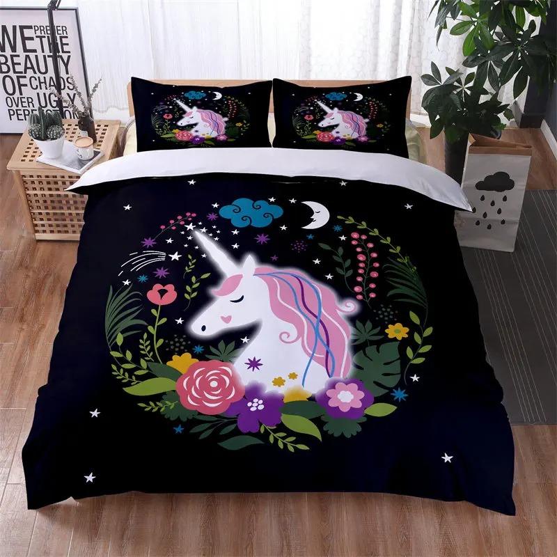 Colorful Luminous Unicorn Print Bedding Set 3D Cartoon Animal Pattern Duvet Cover Bedroom Decor With Pillowcases For Girls Gift