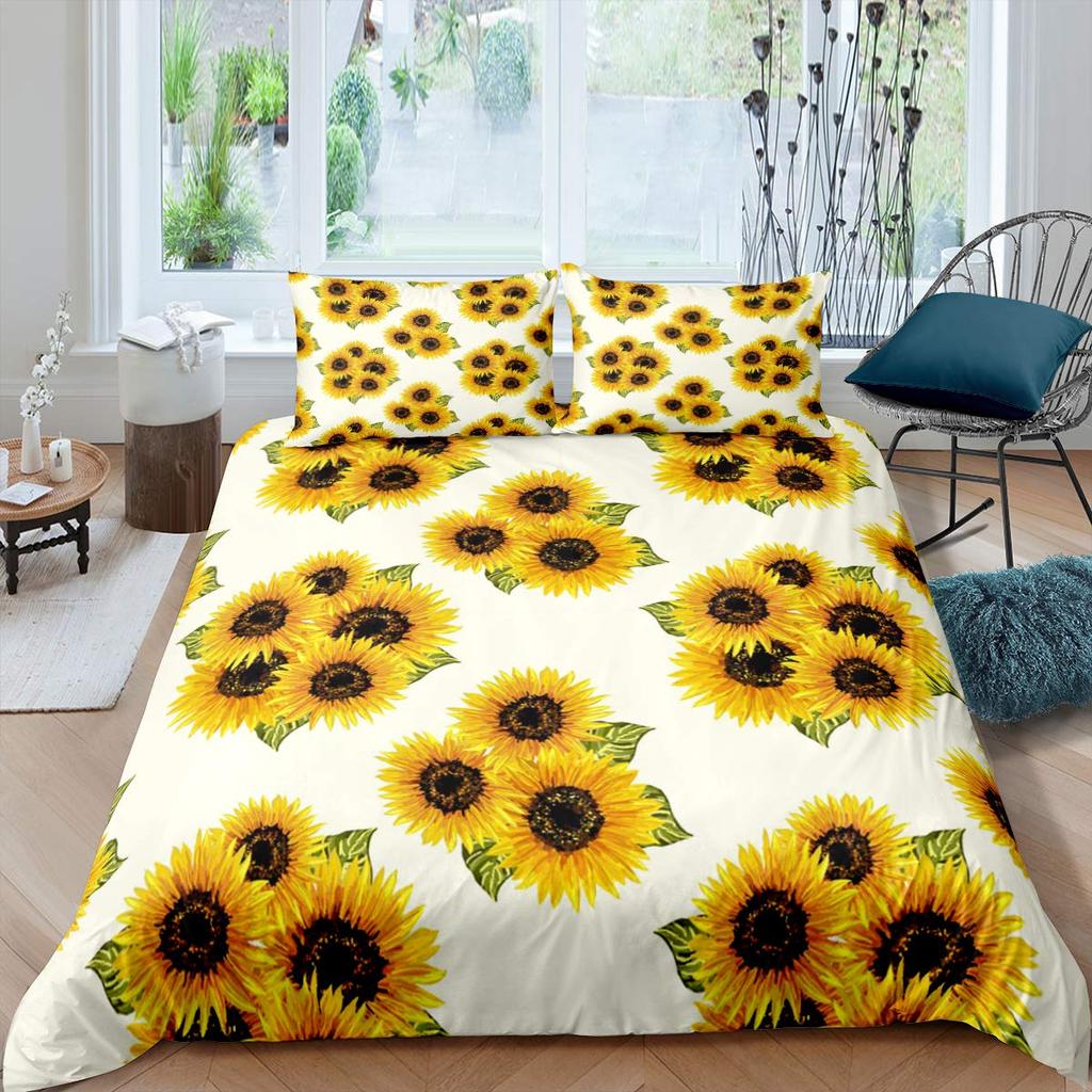 Vintage Sonnenblumen Bettbezug Set Buchstaben Bettwäsche Set Buchstaben und Sonnenblumen Gedruckt Retro Mädchen Queen Size 2/3tlg. Bettdeckenbezug