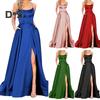 Evening Dress Spaghetti Strap High Slit Off Shoulder Backless Sleeveless Side Pockets A-line Floor Length Satin Pure Color Prom Banquet Party Maxi