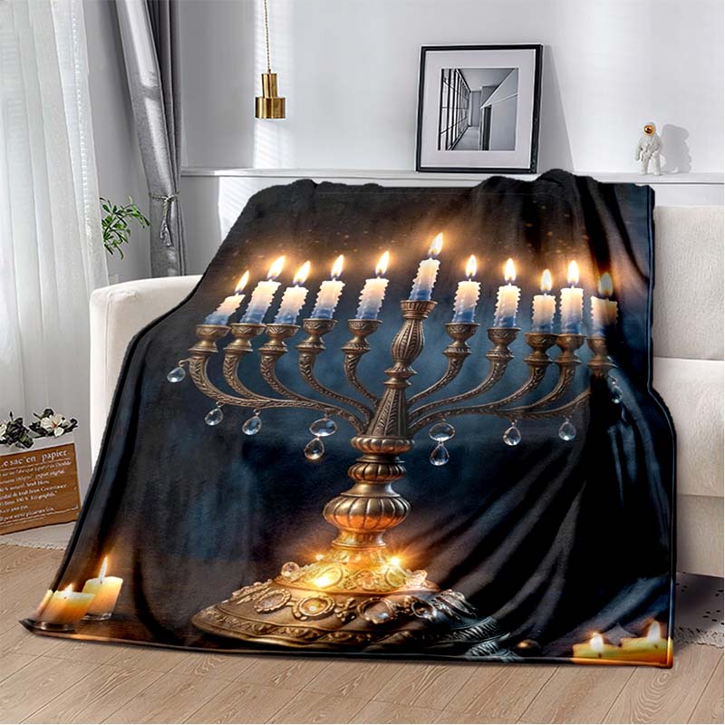 Seven Candles Menorah Vintage Golden Floral Frame Black Print Soft Flannel Throw Blanket Sofa Bed Jewish Holiday Warm Decor Cover 80cm x 120cm