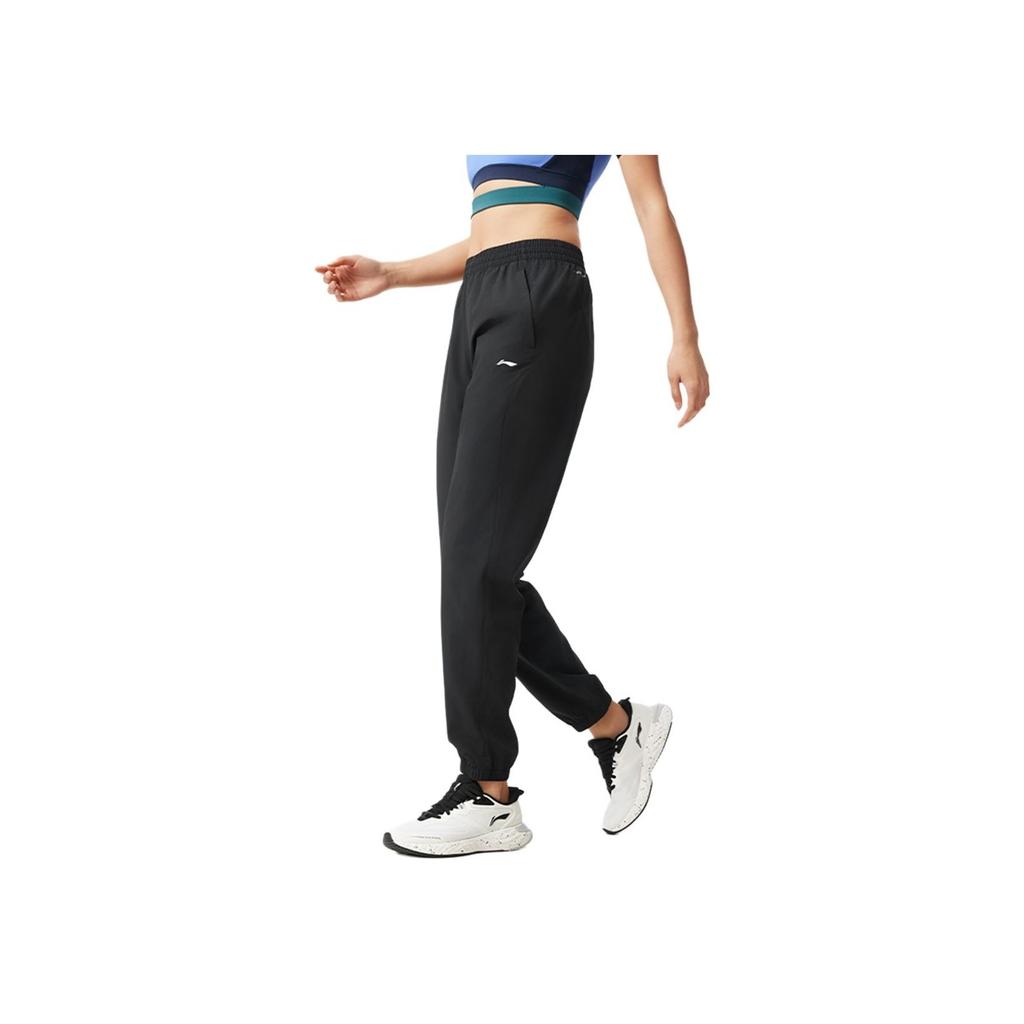 Li Ning Fitness Series Casual Simple Solid Color Comfortable Letter Mid Waist Tapered Knit Sports Pants Women pants Black AYKV090-1