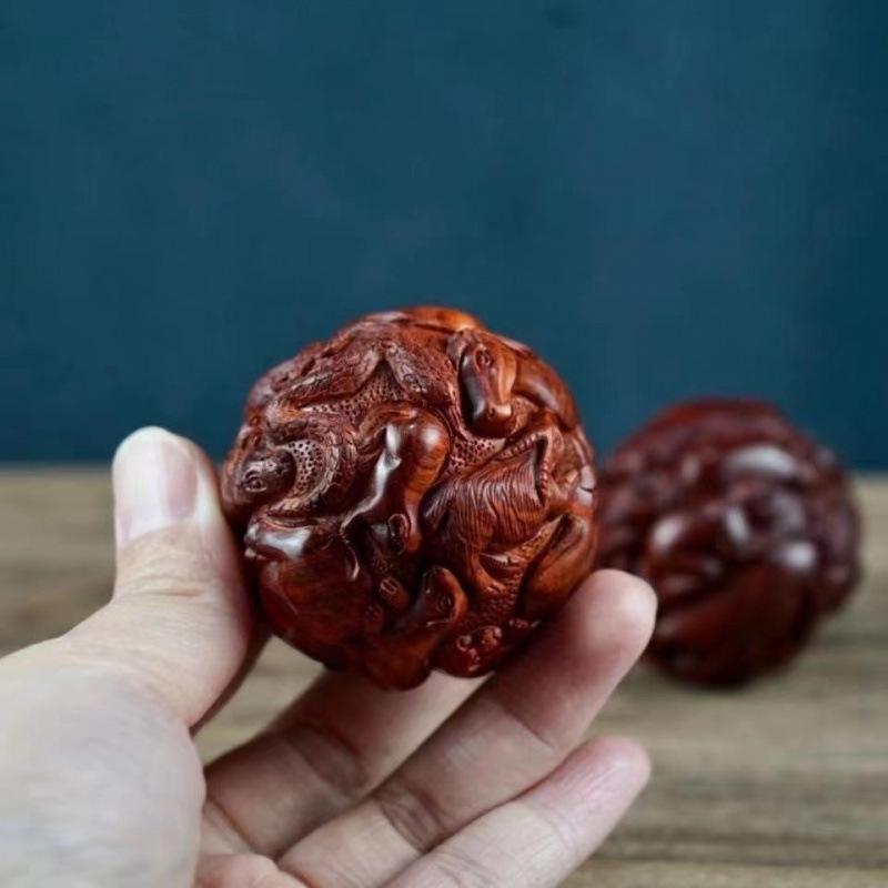Yellow Rosewood Zodiac Health Massage Balls - Solid Wood Carved Handheld Fitness Playthings
