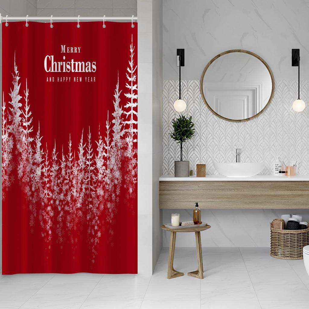 Julduschdraperi för Badrum Rött Julfest Duschdraperi Set med Krokar Älg Julgranar Snöflingor Dekor Vattentät