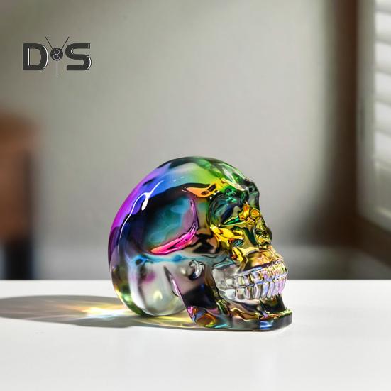 Klar Färgglad skallefigur i naturlig storlek Skallestaty Skulptur Hemmakontor Skrivbord Bokhylla Dekoration Prydnad Halloween Festival Present