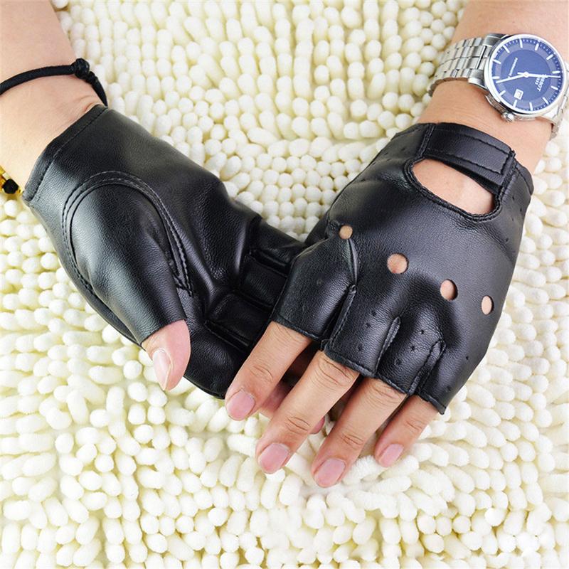 1 Pair Unisex Black Synthetic Leather Fingerless Gloves Solid Female Half Finger For Women Men Punk Motor Cycling Gloves