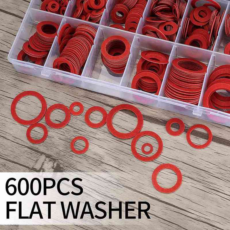 Neuestes 600-teiliges Fiber-Unterlegscheiben-Sortiment 12 Größen Roter Stahl Papierfaser Flache Unterlegscheiben-Sortiment Flache Ringdichtungssortiment