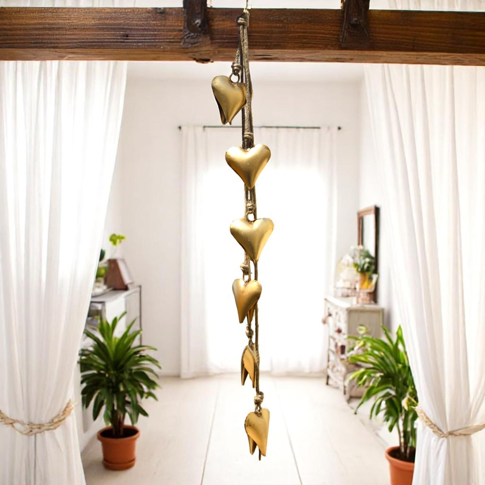 

45-дюймовая подвесная золотая сердцевидная ветряная музыка – 6 металлических колокольчиков на джутовой веревке для винтажного рождественского декора, веранды, прихожей и деревенского акцента