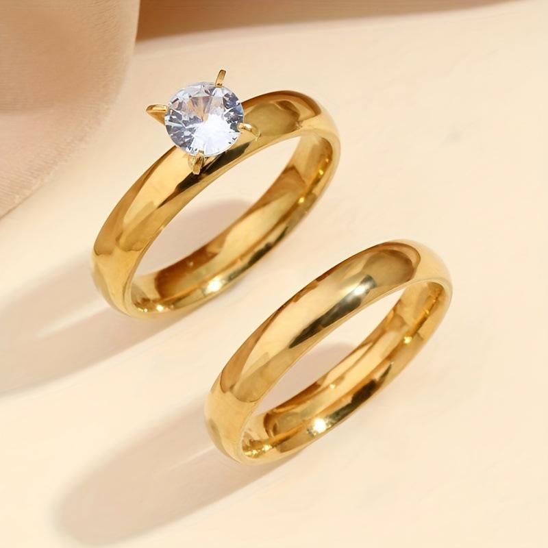 

Stainless steel ring, four-claw diamond-set glossy ring, simple and versatile titanium steel jewelry two-piece set no. 11