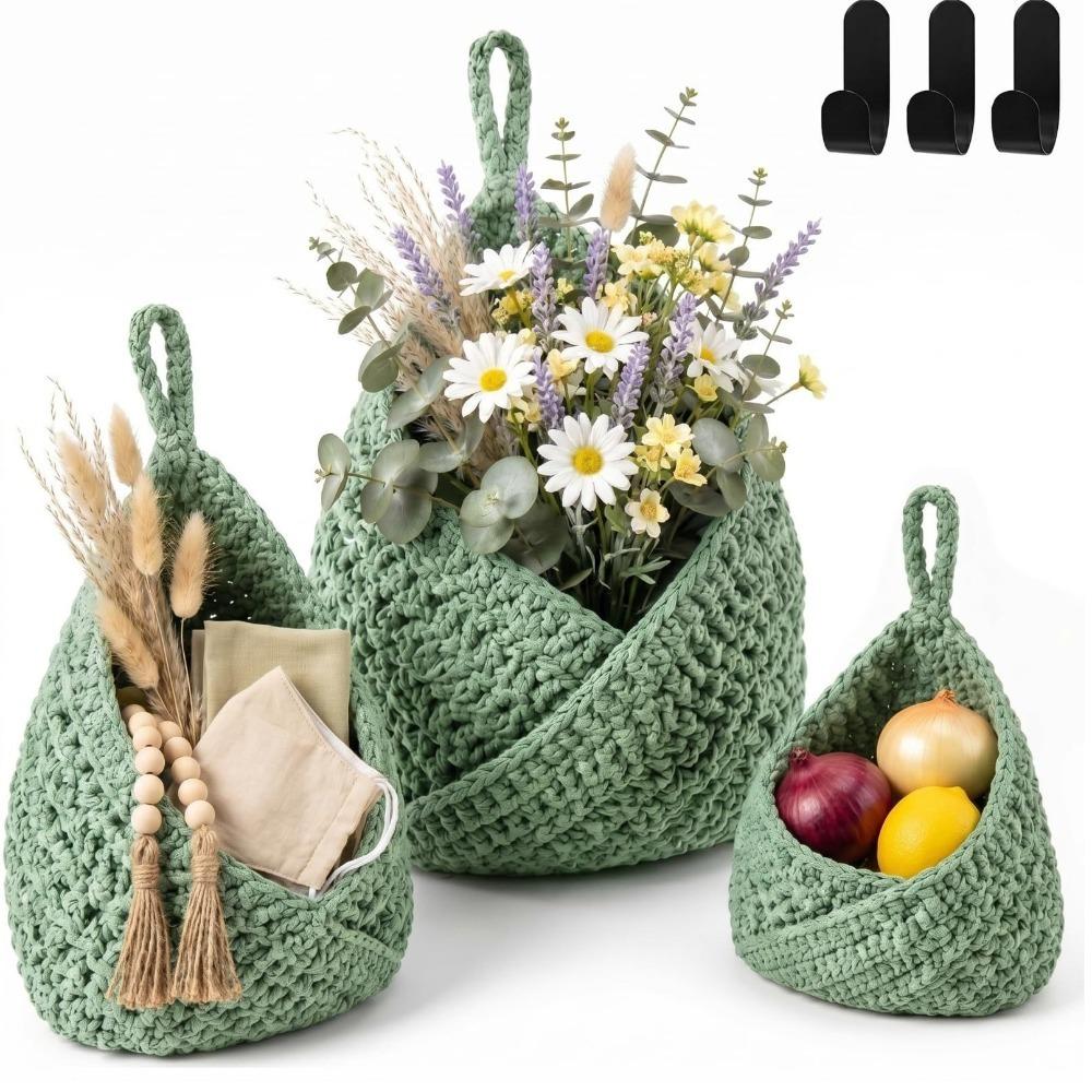 3PCS/SET Hand Woven Fruit Vegetables Basket Cotton Rope Wall Mounted Kitchen Storage Basket Breathable Mesh Pocket Fruit Net Bag