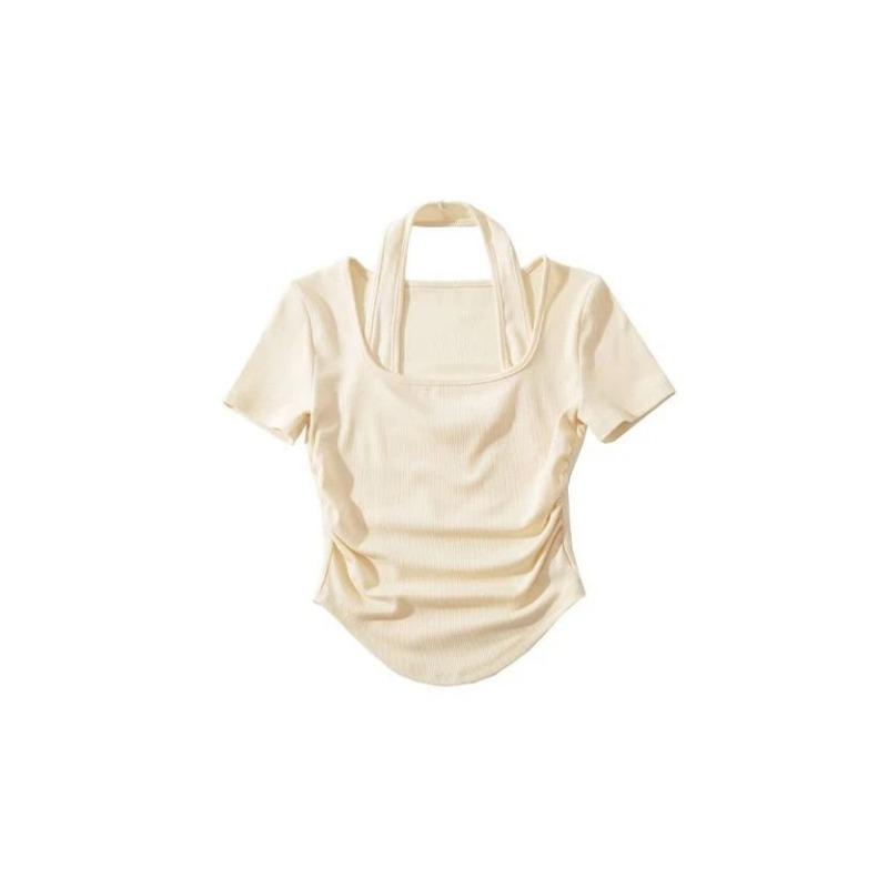 Womens Beige Halter Neck Ribbed Knit Top Soft Daily Wear