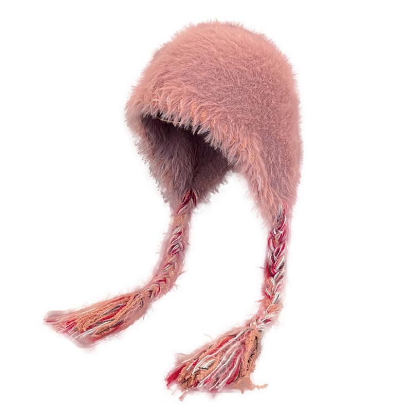 Cute Plush Hat Women's Autumn and Winter Colorful Fringed Braids Knitted Pullover Hat Ear Protector