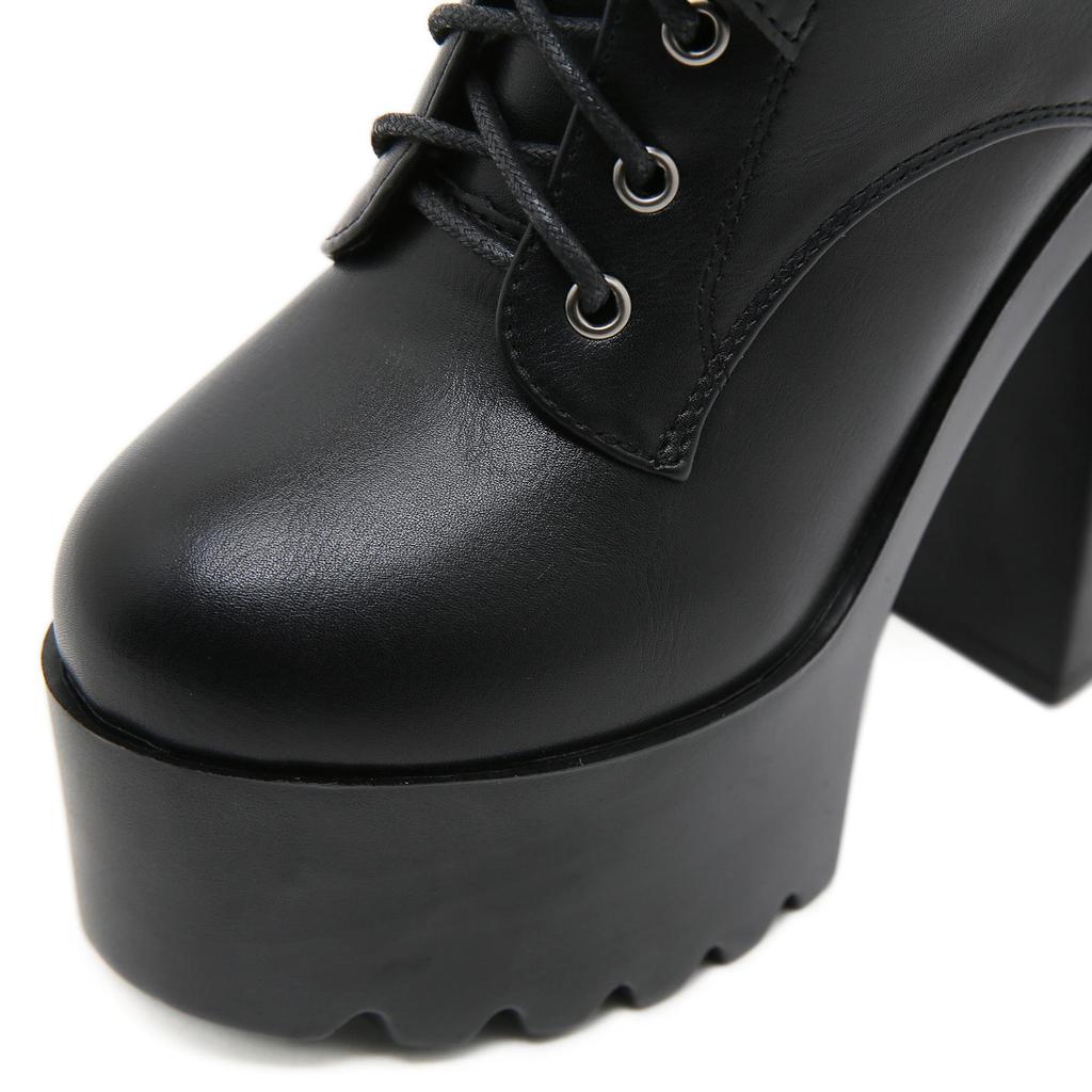 Gdgydh Modische Damen-Ankle Boots mit Schleife Schnürung Blockabsatz 14cm Plateau-Schuhe Reißverschluss seitlich Damen Kurzstiefel Süßes Cosplay