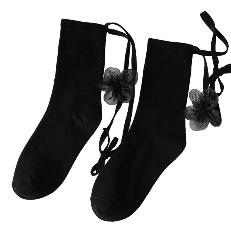 

Women s Cotton Crew Socks Cross Bandage Calf Socks Sweet Cute Ankle Socks Lolitas JK Students Girls Knee Socks Hosiery One Size чёрный