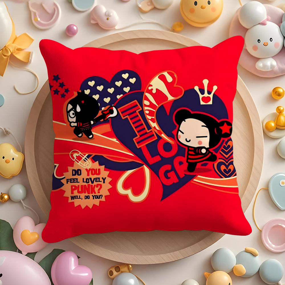 Kawaii P-Pucca Anime Cushion Cover Plush Fabric Soft Double-Sided Printed Sofa Pillow Case Colorfast Home Decor Gift