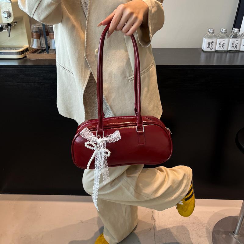 Vintage Elegant Mini Large Capacity Shoulder Bag with Delicate Lace Pearl Bow ,accent Small Fashion Top Handle Bags for Girls
