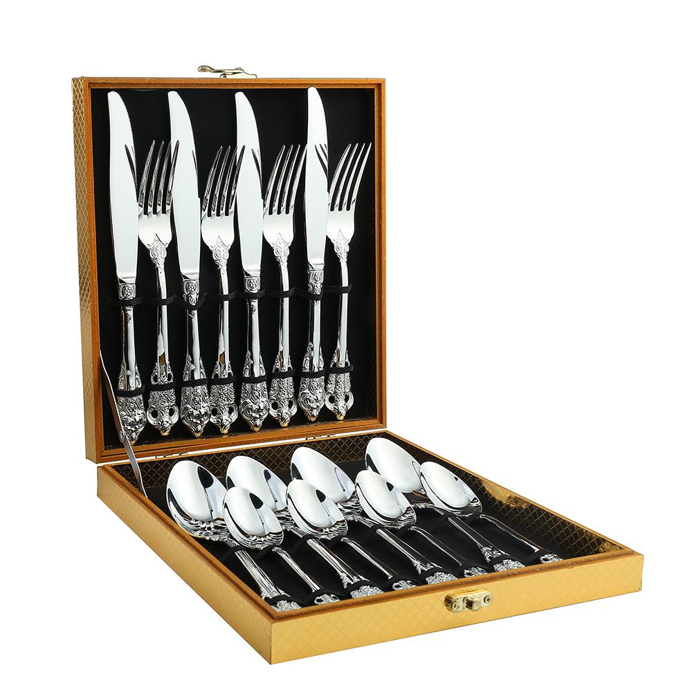Vintage Embossed Stainless Steel Cutlery Set: European Knife, Fork, Spoon, and Bistro Steak Knife