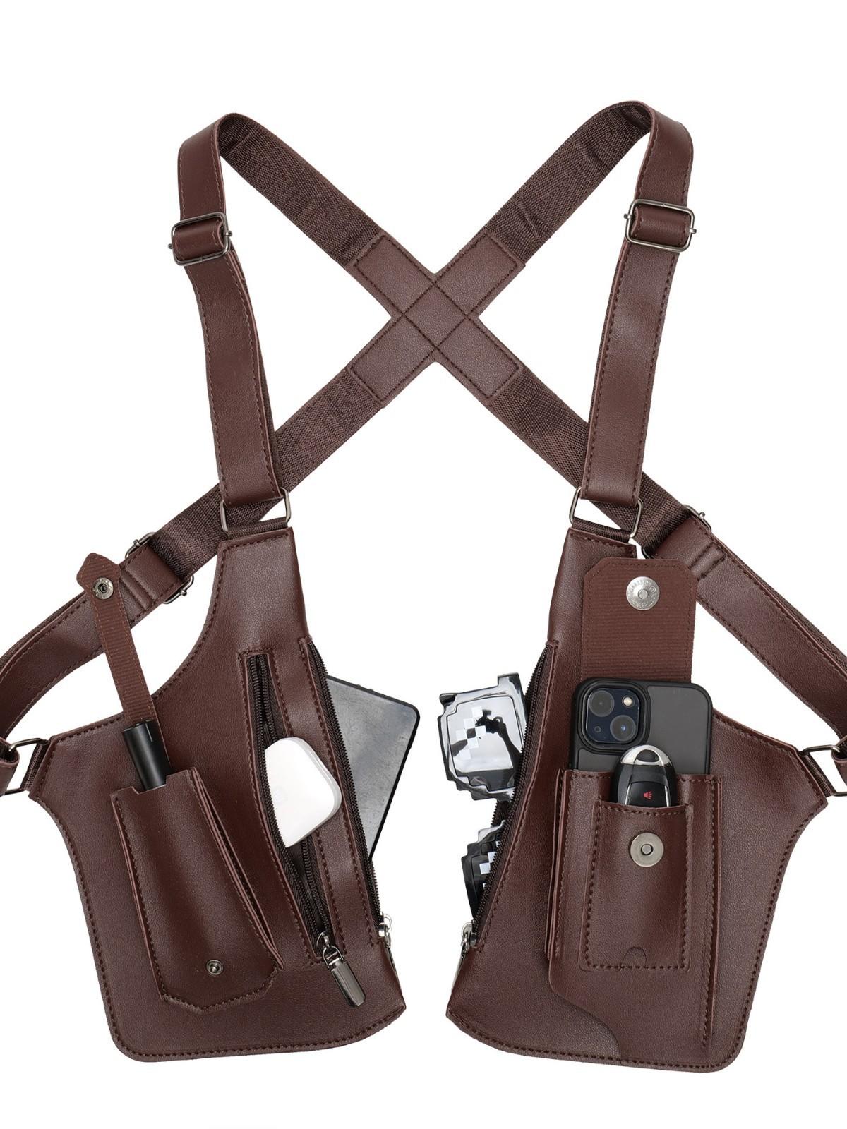 

HOMEFISH Double Shoulder Strap Tactical Fishing Bag Waterproof PU Multi-Pocket Outdoor Anti-Theft Crossbody Bag Multi-Purpose темно-коричневого