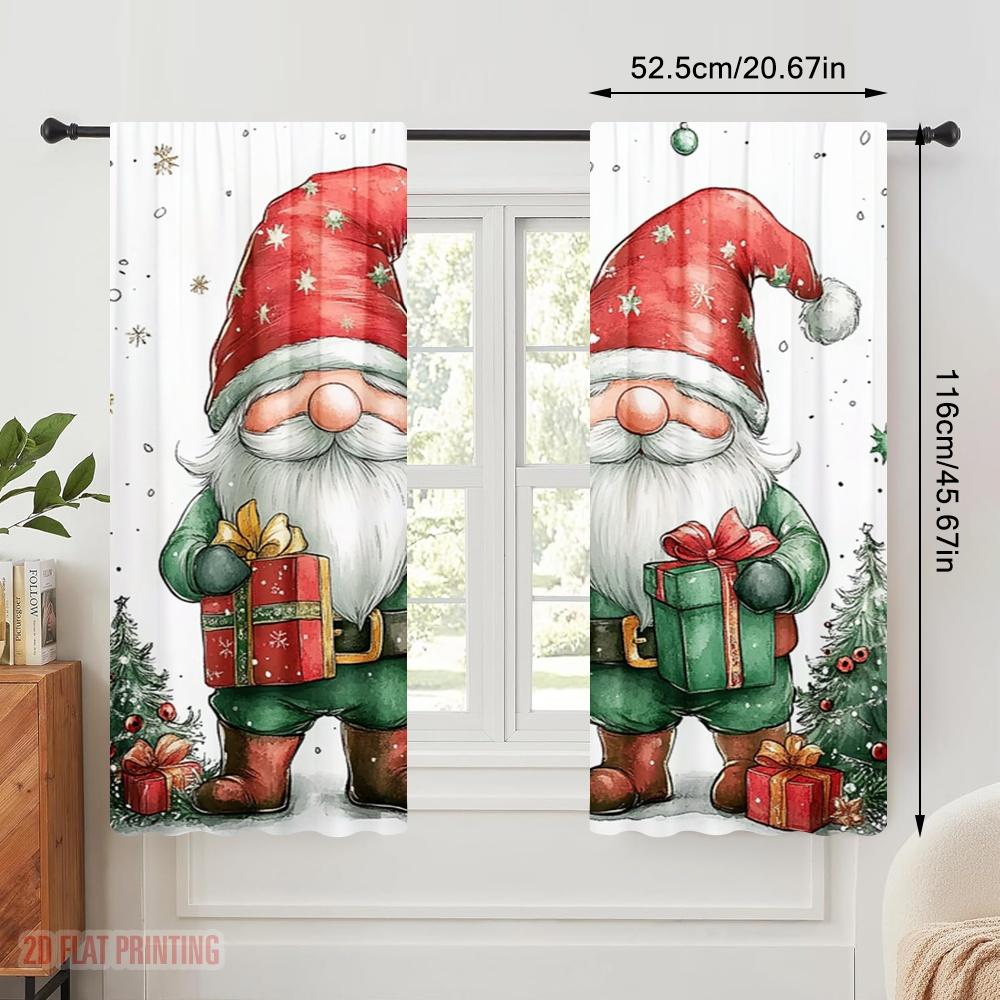2pcs,2D Plane Printing Curtain Fabric Christmas Gnomes Gift Giving Versatile Polyester (without Rod) All Seasons Perfect for