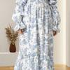 Dámské maxi šaty s odhalenými rameny, dlouhými pufovanými rukávy a čtvercovým výstřihem, boho splývavé šaty s květinovým potiskem a smockovaným pasem
