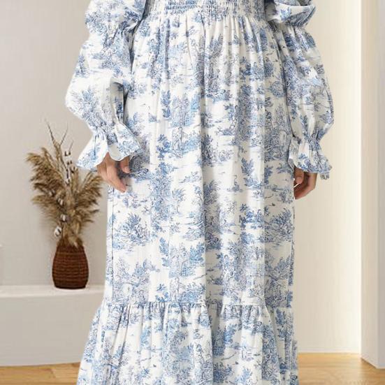 Damen schulterfreies Maxikleid lange Puffärmel eckiger Ausschnitt Boho fließendes Kleid Blumendruck gesmokte Taille langes Kleid