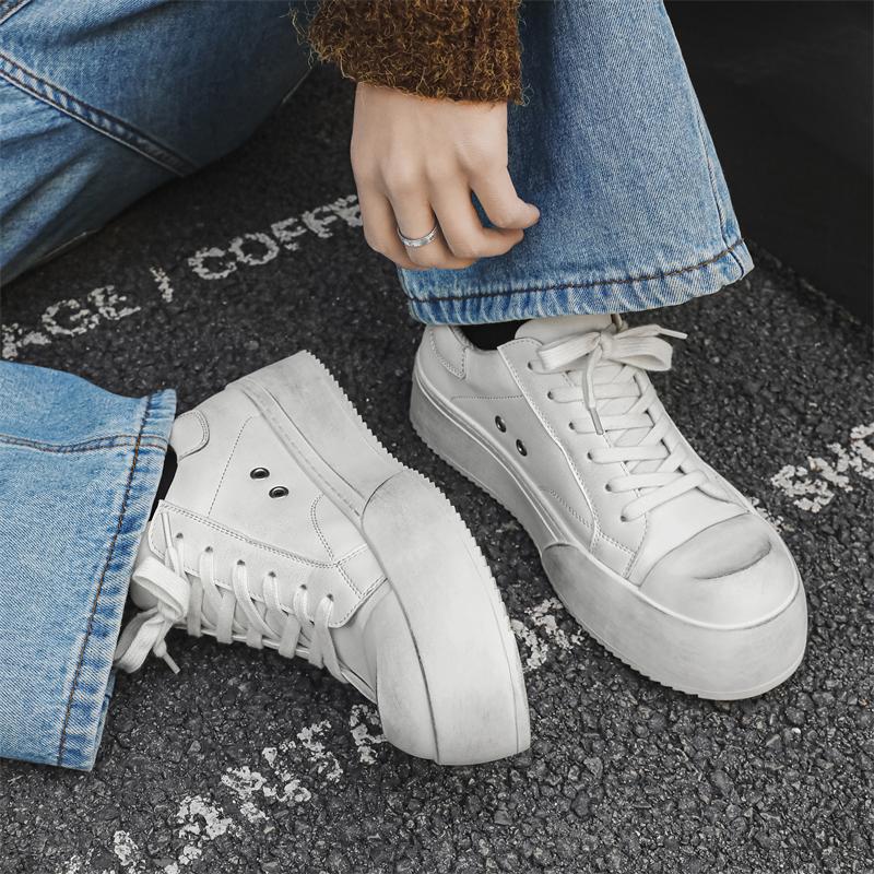 Hight Quality Niche Brand Genuine Leather Solid White Flat Sneakers For Men Women Teenagers Couple Dress Height Increasing Shoes
