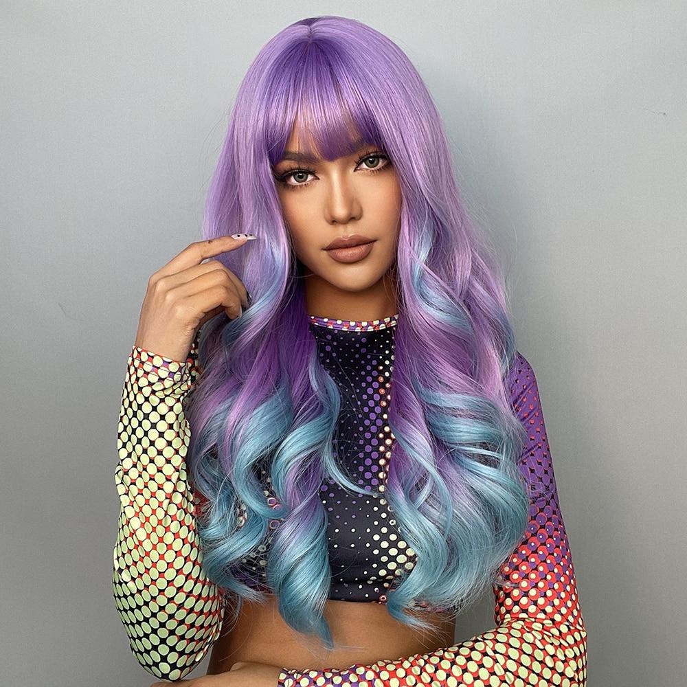 Synthetische Lange Wellige Perücke Ombre Lila Zu Blau Für FRAUEN Cosplay Halloween Perücken Hitzebeständige Faser Pony Haar