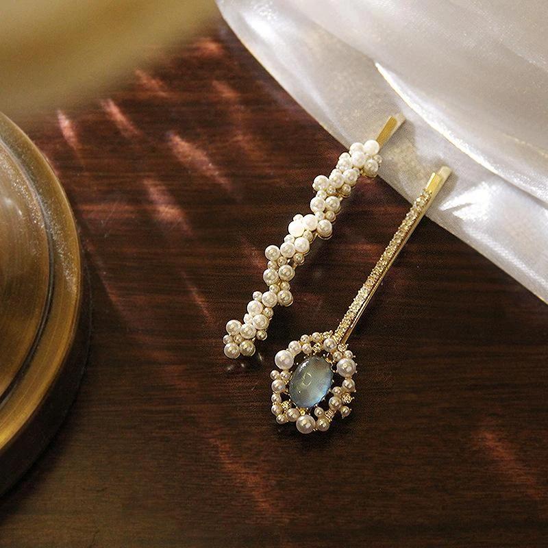 2Pcs Pearl Hair Clip Emerald Green Metal Vintage Korean Style For Women Girls Daily Party Elegant Lightweight