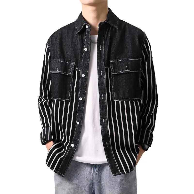 Spring Autumn Men Fashion Denim Shirts Men Long Sleeve Casual Cotton Shirt Men Striped Streetwear Tops Turn Down Collar Blouse