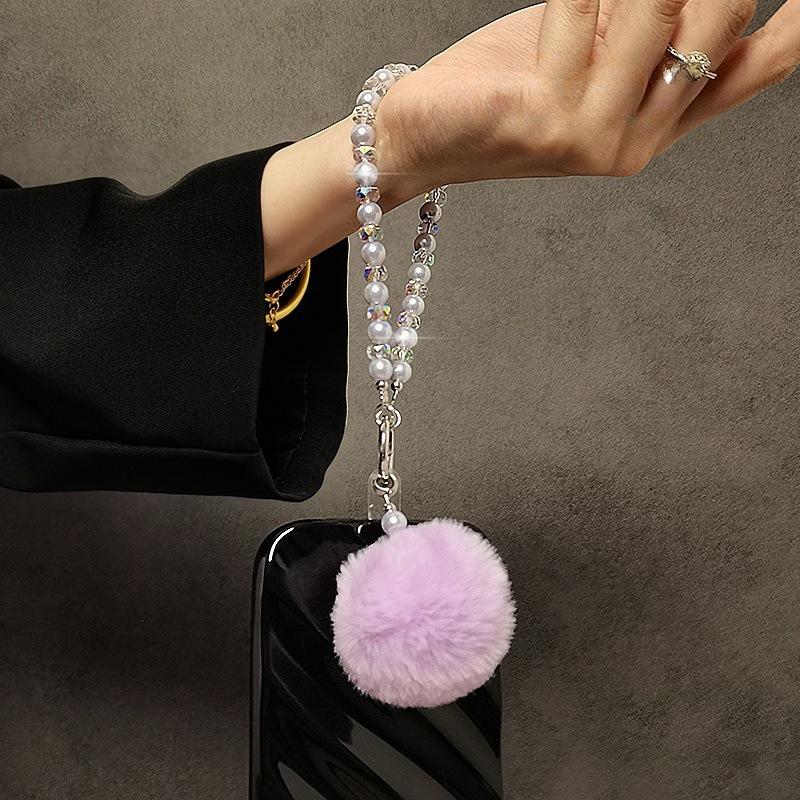 Plush Ball Phone Lanyard Crystal Bead Phone Chain Pendant Fashion Autumn and Winter Style Wrist and Handheld Anti-Lost Lanyard