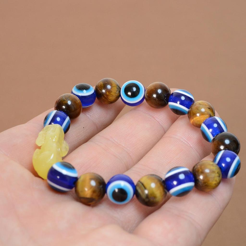 Natural Tiger Eye & Amber Pixiu Charm Bracelet, 10mm Beaded with Evil Eye Protection