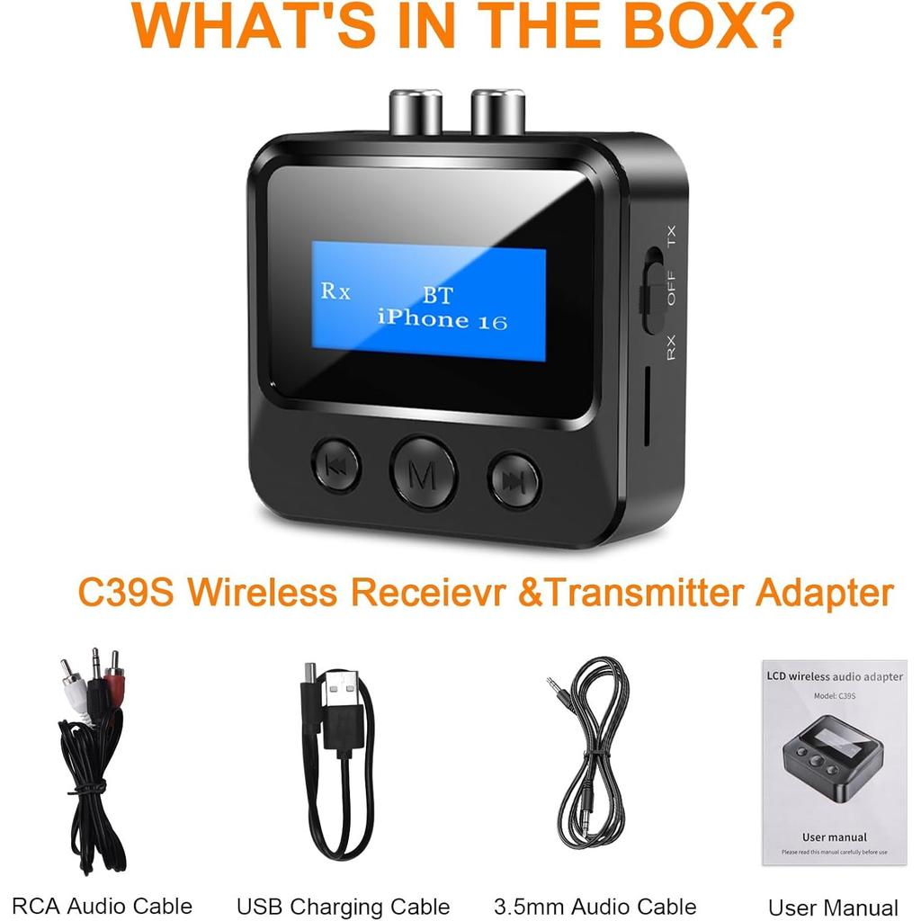 Bluetooth Transmitter Receiver for TV, Audio Adapter for Home Stereo with RCA 3.5mm AUX & Display, Bluetooth Transmitter for Headphones/Speakers