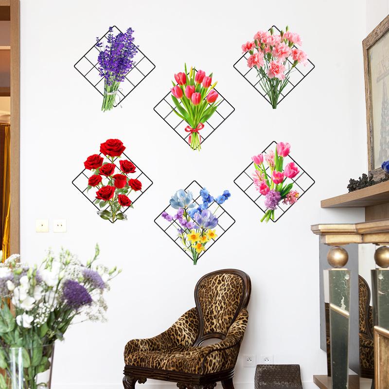 Sticker Mural Autocollant Imperméable Amovible avec Fleurs Simulées et Plantes Vertes pour Décoration Intérieure de Salon et Chambre