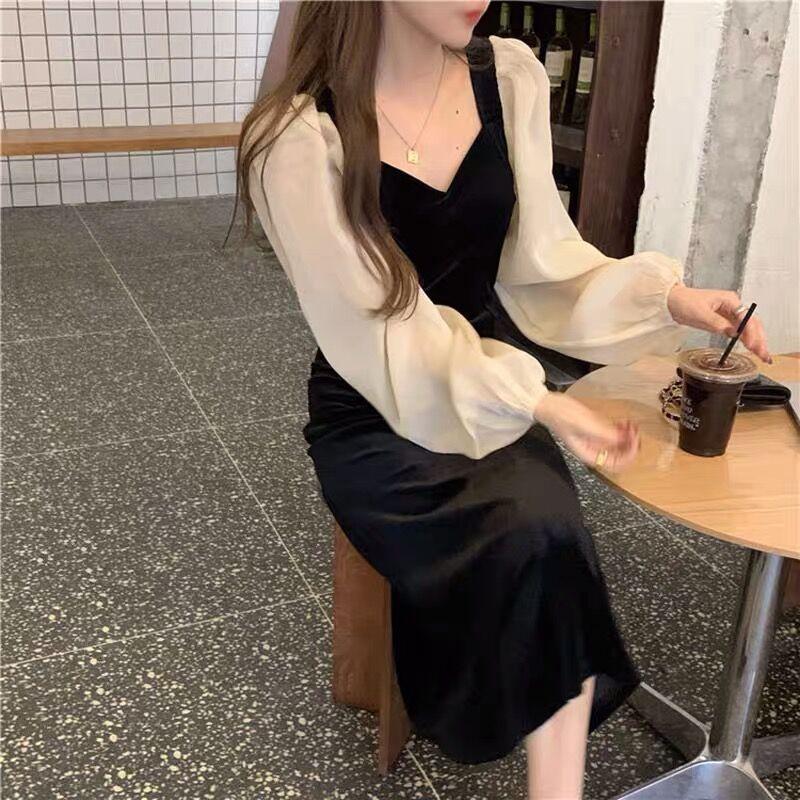 Autumn Winter Square Collar Patchwork Vintage Dress Women Lantern Long Sleeve Elegant Fashion Robe Vestidos