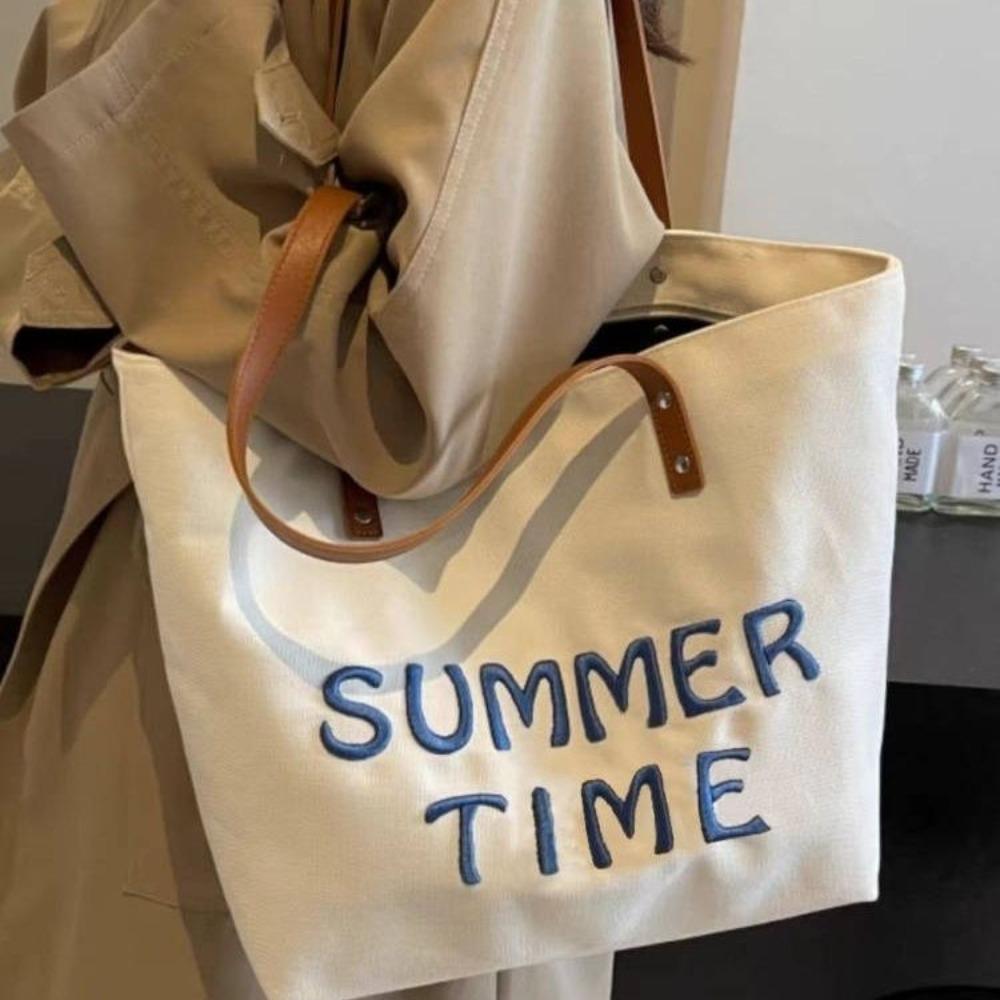 Embroidered letter canvas bag women's new large-capacity commuter tote bag versatile single shoulder student leisure class