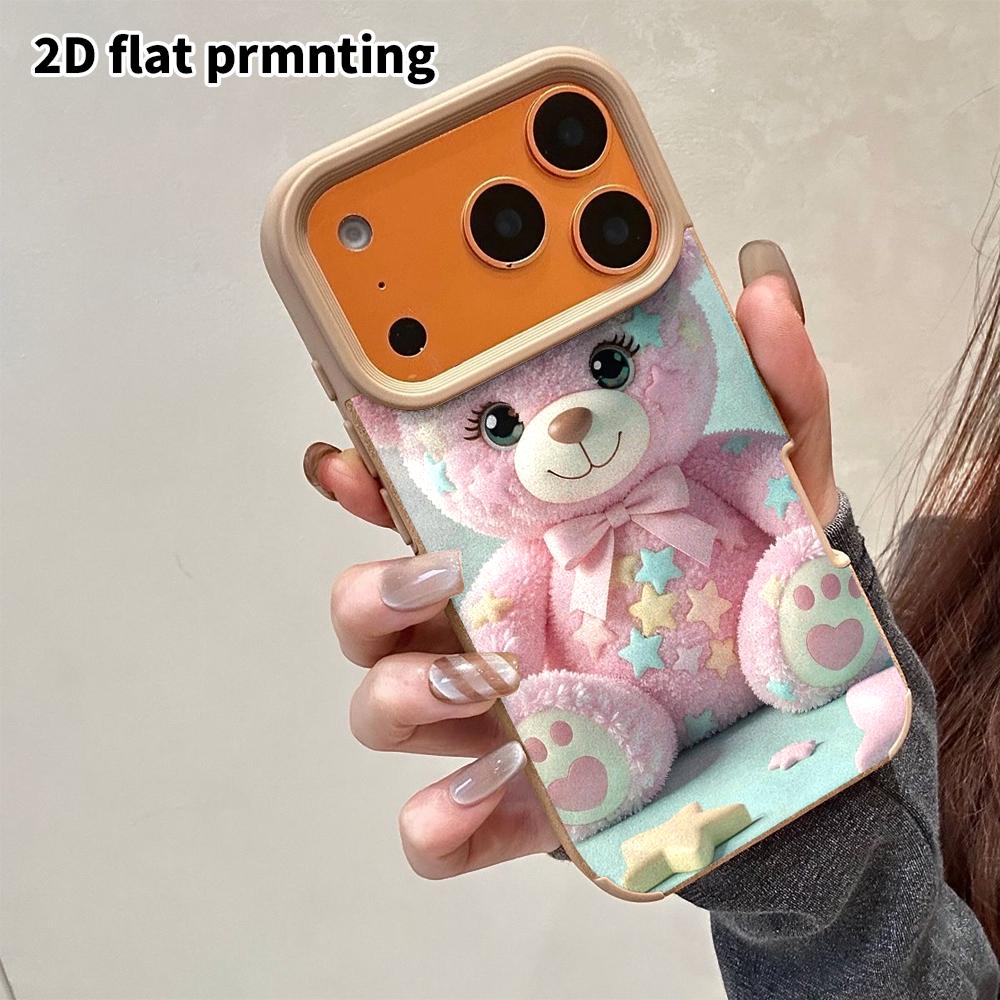 Phone Case: 2D flat lambskin suitable for iPhone 18 17 16 15 14 13 Pro protective case, pink little bear, Christmas and Halloween gift