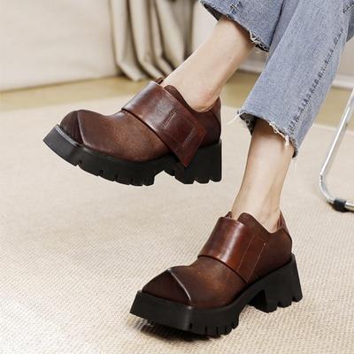 Retro Square Toe Women Platform Shoes Genuine Leather Thick Soled Solid Color Versatile Shoes