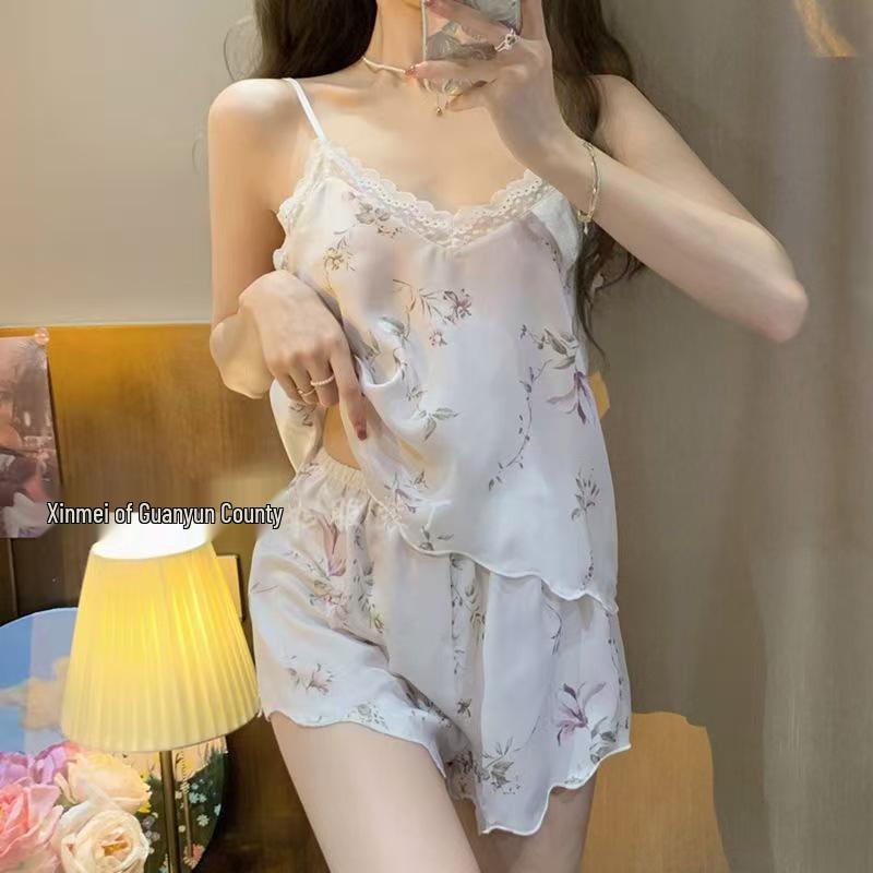 Silk Lace Trim Backless Camisole & Nightgown Set for Women
